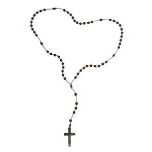 Vintage Rosary Necklace Hematite Cross Brown Glass Beads Religious Jewelry 17 in